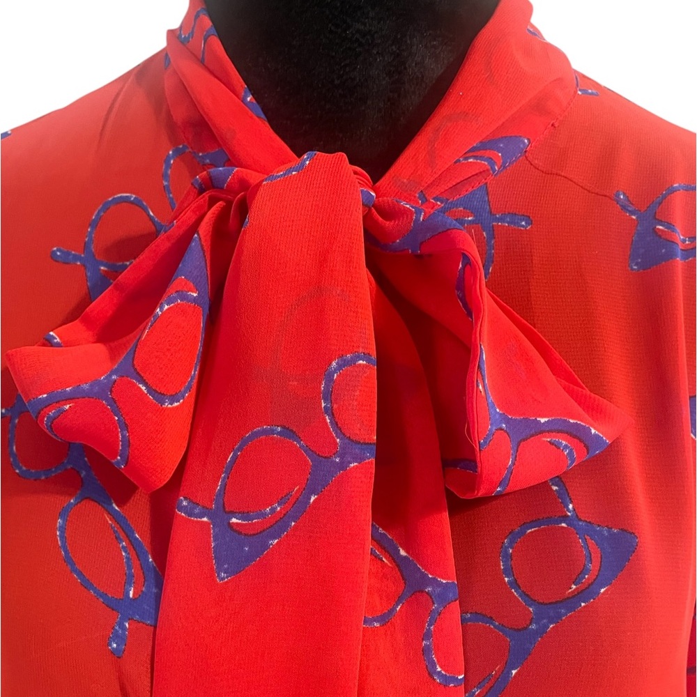 Retro Red,blue eye glasses print, sheer,button down neck bow tie blouse, small - Picture 2 of 8
